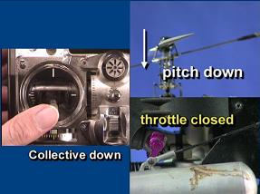 Screen shot of collective down, causing pitch to decrease and throttle to close
